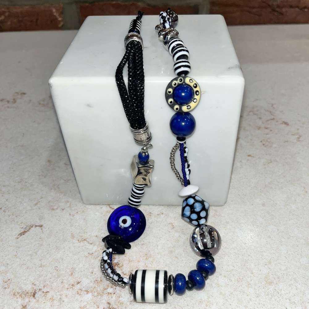 Vintage Treska Necklace Boho Ceramic & Glass Beads Blues White Black